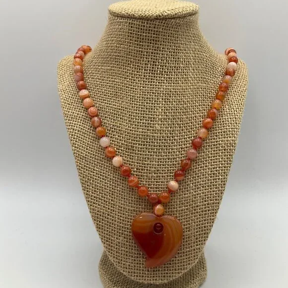 New Long Orange Agate Beaded Necklace Heart Pendant Engraving 15" - Picture 4 of 9